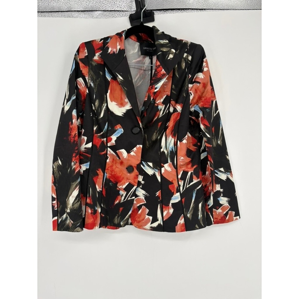 Lafayette 148 Blazer Women 8 Black Red Abstract Floral Brushstroke‎ Jacket